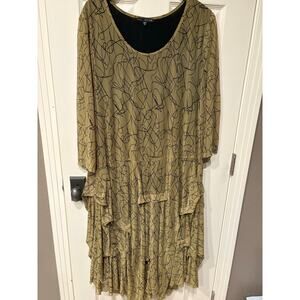 KOZAN Chartreuse Green Abstract Maxi Dress Size 2X Mesh Modest Artsy Long Sleeve